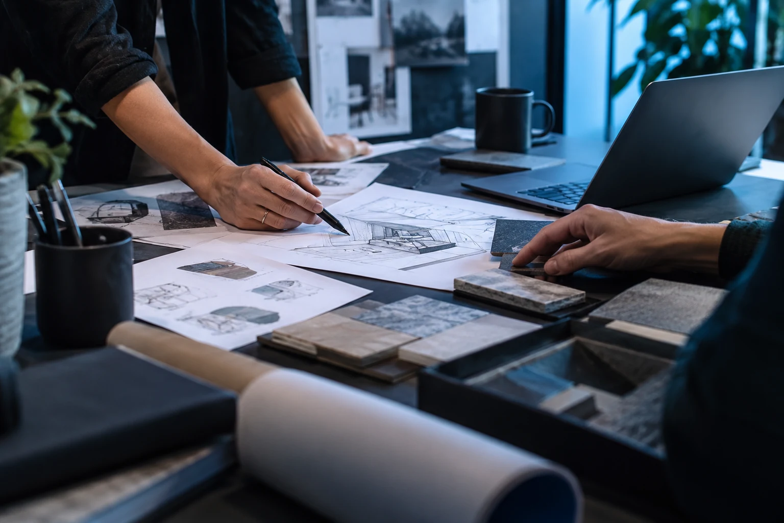 An editorial view of creative collaboration at a studio desk