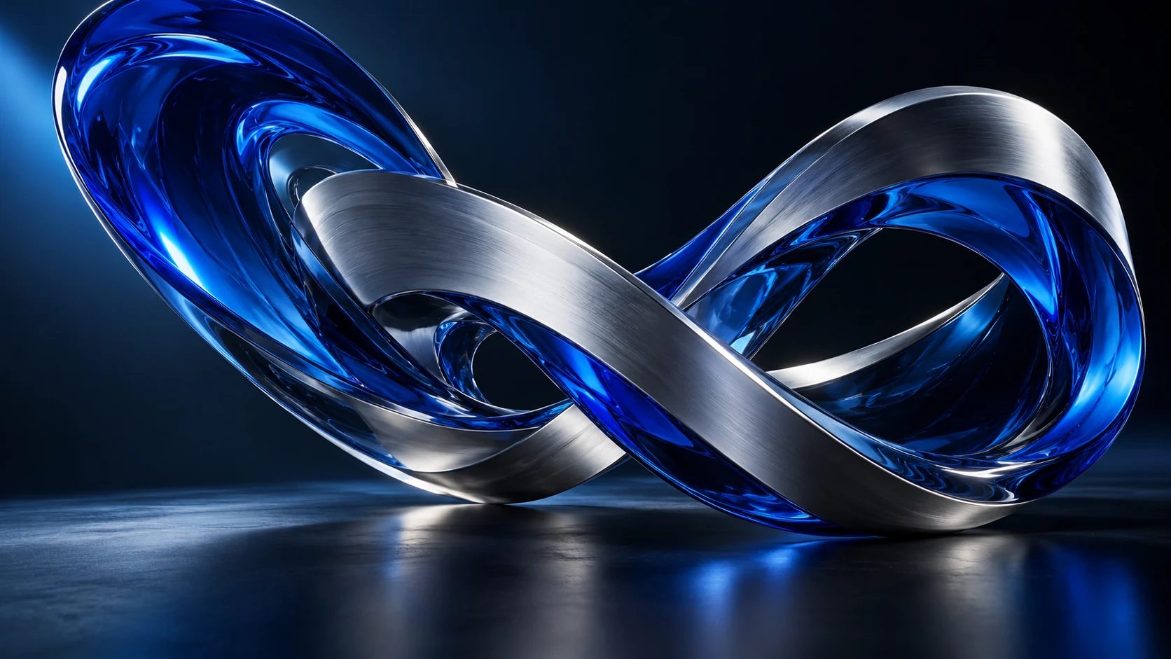 Sculptural blue glass and chrome ribbons